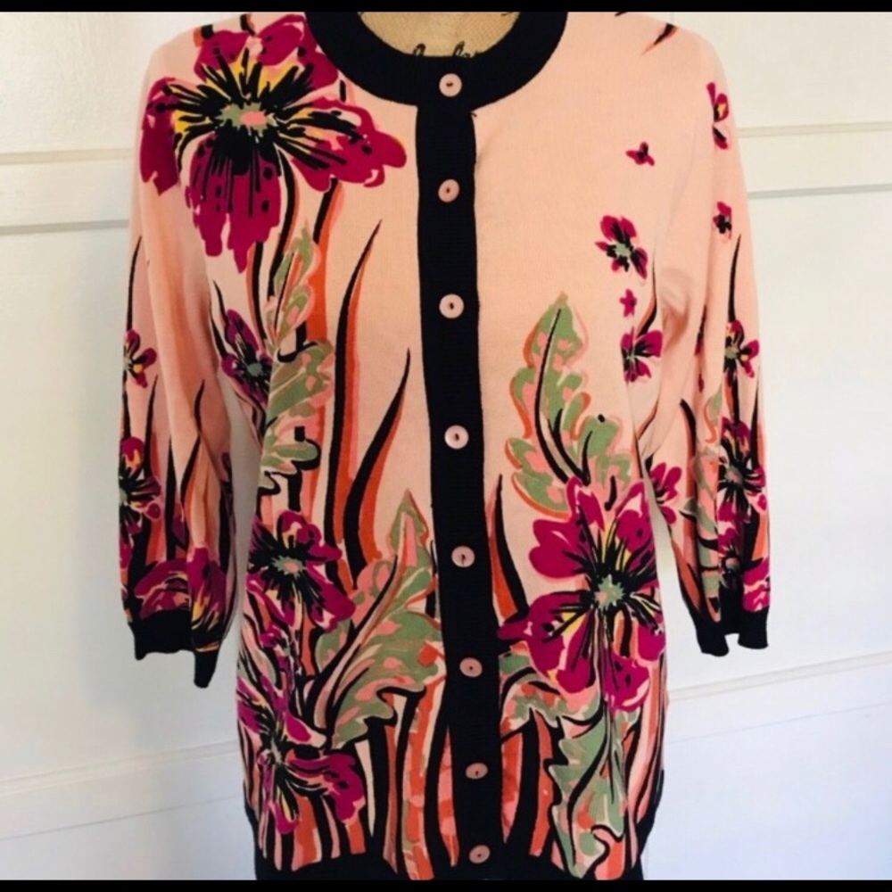 Bob Mackie Cardigan Sweater Knit Floral Print